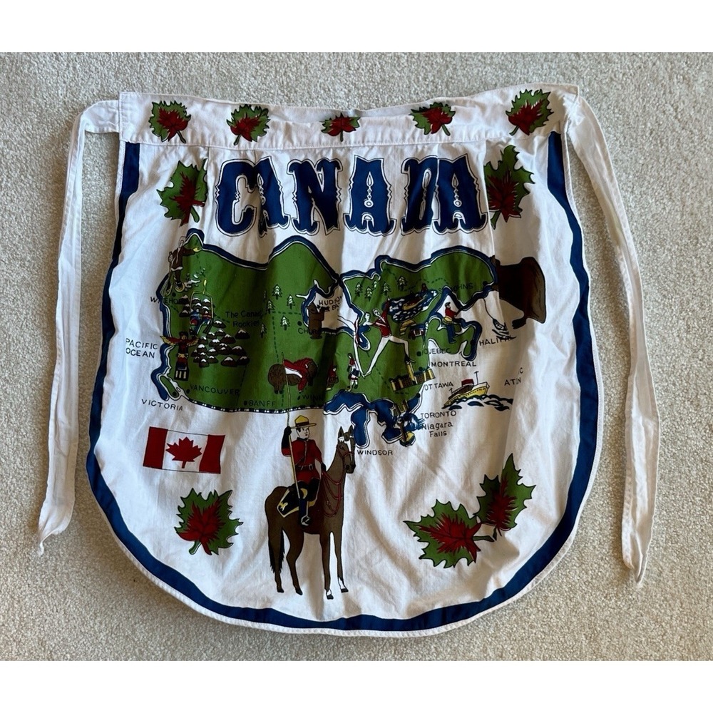 Vintage Kitchen Half Apron Canada Souvenir Map Mountie Hockey Cotton Linen 60's